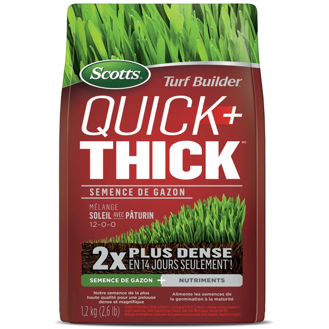 Semences De Gazon Turf Builder Quick + Thick De Scotts, Mélange Soleil Avec Pâturin, 12-0-0, 1,2 Kg 3 Semences De Gazon Turf Builder Quick + Thick De Scotts, Mélange Soleil Avec Pâturin, 12-0-0, 1,2 Kg