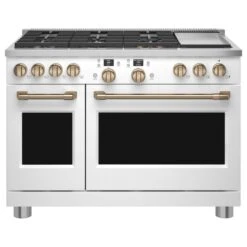 Cuisinière Commerciale Biénergie 48 Po Intelligente Avec Friteuse à Air Sans Préchauffage Café, Blanc Mat, Deux Fours