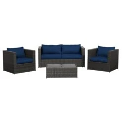 Mobilier De Conversation Pour L'extérieur Sorrento De Think Patio, Brun Foncé/bleu Foncé, 4 Pièces