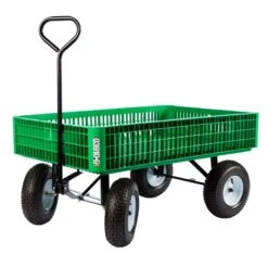 Chariot De Type Caisse En Plastique Vert Par Millside Avec Poignée En Acier Et 4 Roues Pneumatiques, 30 Po X 46 Po