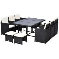 Ensemble De Salle à Manger Pour Le Patio Par Outsunny Avec Cadre Noir Et Coussins Blancs Cassés, 11 Pièces