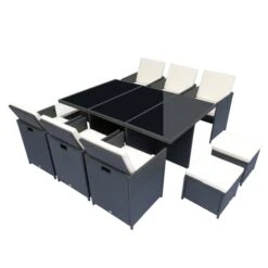 Ensemble De Salle à Manger Pour Le Patio Par Outsunny Avec Cadre Noir Et Coussins Blancs, 11 Pièces