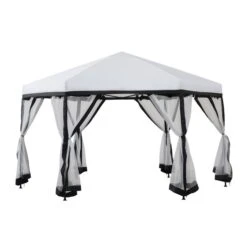 Abri De Jardin Rétractable Par Sunjoy En Acier De 11 pi X 11 pi Hexagonal Et Toit En Polyester Avec Moustiquaire, Blanc/noir