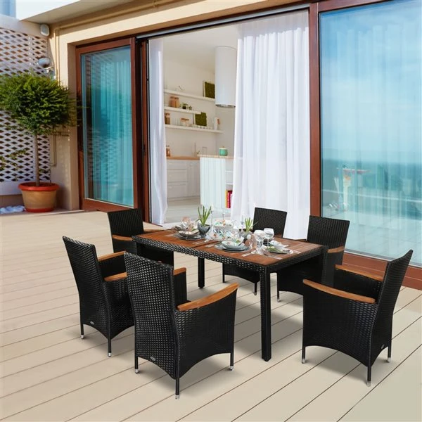 Ensemble à Dîner Pour Patio Outsunny En Rotin De PE Noir Avec Coussins Crèmes, 7 Pièces 4 Ensemble à Dîner Pour Patio Outsunny En Rotin De PE Noir Avec Coussins Crèmes, 7 Pièces – Image 2