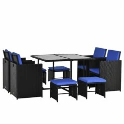 Ensemble à Dîner Pour Patio Outsunny En Rotin De PE Noir Avec Coussins Bleus Inclus, 9 Pièces
