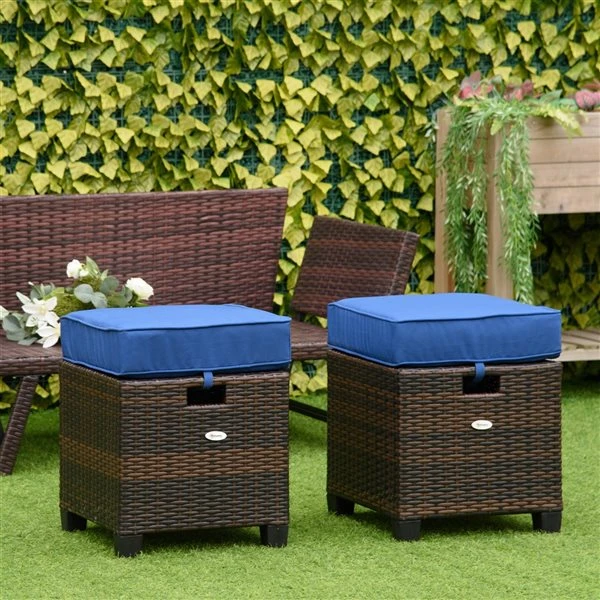 Poufs En Rotin Brun Pour L'extérieur Par Outsunny Avec Coussins Bleus, Ensemble De 2 4 Poufs En Rotin Brun Pour L'extérieur Par Outsunny Avec Coussins Bleus, Ensemble De 2 – Image 2