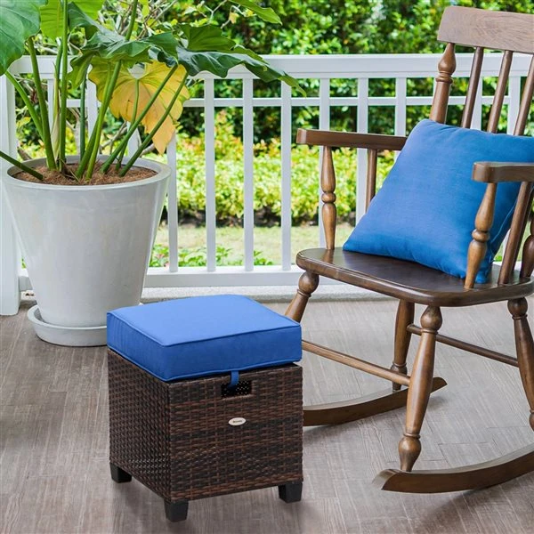 Poufs En Rotin Brun Pour L'extérieur Par Outsunny Avec Coussins Bleus, Ensemble De 2 6 Poufs En Rotin Brun Pour L'extérieur Par Outsunny Avec Coussins Bleus, Ensemble De 2 – Image 4