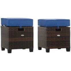 Poufs En Rotin Brun Pour L'extérieur Par Outsunny Avec Coussins Bleus, Ensemble De 2