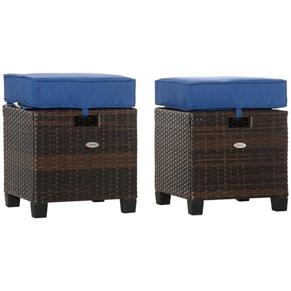 Poufs En Rotin Brun Pour L'extérieur Par Outsunny Avec Coussins Bleus, Ensemble De 2 3 Poufs En Rotin Brun Pour L'extérieur Par Outsunny Avec Coussins Bleus, Ensemble De 2