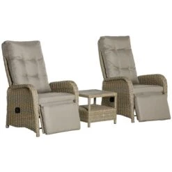 Ensemble De Mobilier Extérieur Brun Outsunny En Résine Tressée Avec Coussins Kaki, 3 Pièces