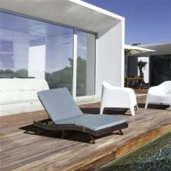 Chaise Longue Stationnaire Outsunny En Résine Tressée Brune Avec Siège Rembourré Gris -Outsunnies Boutique 331001481 AlternateImage2 l