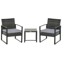Ensemble De Mobilier Extérieur Outsunny En Osier Gris Avec Coussins Gris Inclus, 3 Pièces
