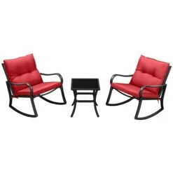 Fauteuils Berçants Et Table D'appoint Outsunny En Métal Noir Avec Siège Coussiné Rouge, Ensemble De 3