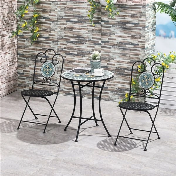 Ensemble Pour Le Patio Outsunny De Style Bistro Avec Cadre En Acier Noir Avec Dessus De Table En Mosaïque Verte, 3 Pièces 4 Ensemble Pour Le Patio Outsunny De Style Bistro Avec Cadre En Acier Noir Avec Dessus De Table En Mosaïque Verte, 3 Pièces – Image 2