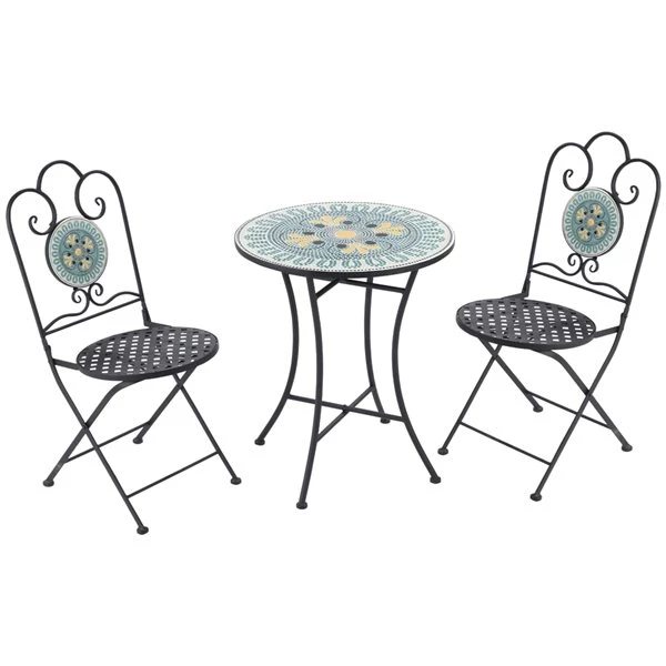 Ensemble Pour Le Patio Outsunny De Style Bistro Avec Cadre En Acier Noir Avec Dessus De Table En Mosaïque Verte, 3 Pièces 3 Ensemble Pour Le Patio Outsunny De Style Bistro Avec Cadre En Acier Noir Avec Dessus De Table En Mosaïque Verte, 3 Pièces