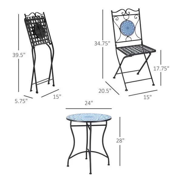 Ensemble Pour Le Patio Outsunny De Style Bistro Avec Cadre En Acier Noir Avec Dessus De Table En Mosaïque Bleue, 3 Pièces 5 Ensemble Pour Le Patio Outsunny De Style Bistro Avec Cadre En Acier Noir Avec Dessus De Table En Mosaïque Bleue, 3 Pièces – Image 3