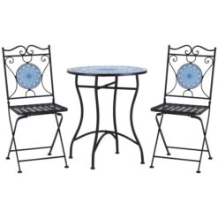 Ensemble Pour Le Patio Outsunny De Style Bistro Avec Cadre En Acier Noir Avec Dessus De Table En Mosaïque Bleue, 3 Pièces