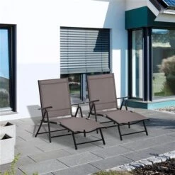 Chaise Longue En Métal Noir Par Outsunny Avec Siège En Tissu Maillé Brun, Ens. De 2 -Outsunnies Boutique 331026136 AlternateImage1 l