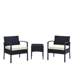 Ensemble De Mobilier Extérieur Noir Avec Cadre En Métal Noli Par Manhattan Comfort Avec Coussins Crème, 3 Mcx