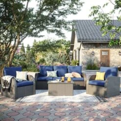 Pièce Modulaire De Gauche Brisbane Par CorLiving En Osier Gris Anthracite Vieilli Avec Siège Coussiné Bleu -Outsunnies Boutique 332004120 AlternateImage2 l