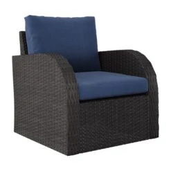 Fauteuil De Patio Brisbane Par CorLiving En Osier Et Métal Gris Anthracite Vieilli Avec Siège Coussiné Bleu