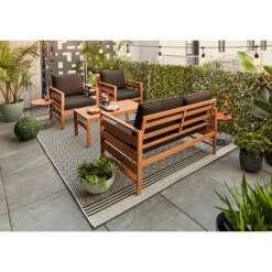 Ensemble De Mobilier Extérieur Midview Par Allen + Roth, Cadre En Bois Brun Et Coussins En Oléfine Noir Inclus, 4 Pièces -Outsunnies Boutique 44315017c L